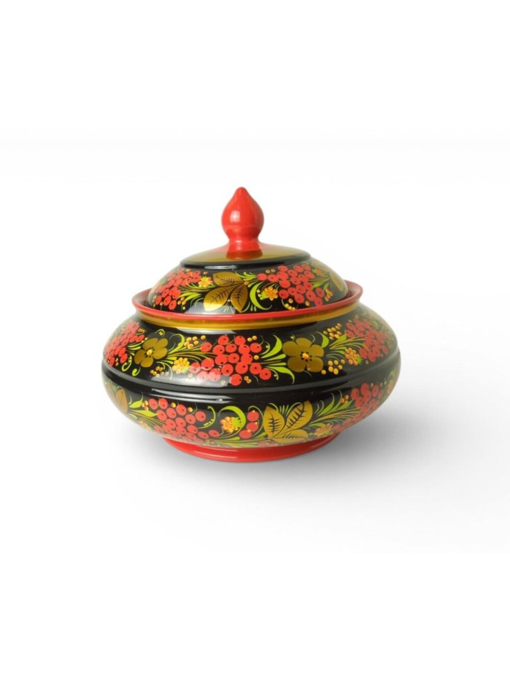 Russian Khokhloma Sugar Bowl with Lid Lacquered Wood Folk Art Semyonov